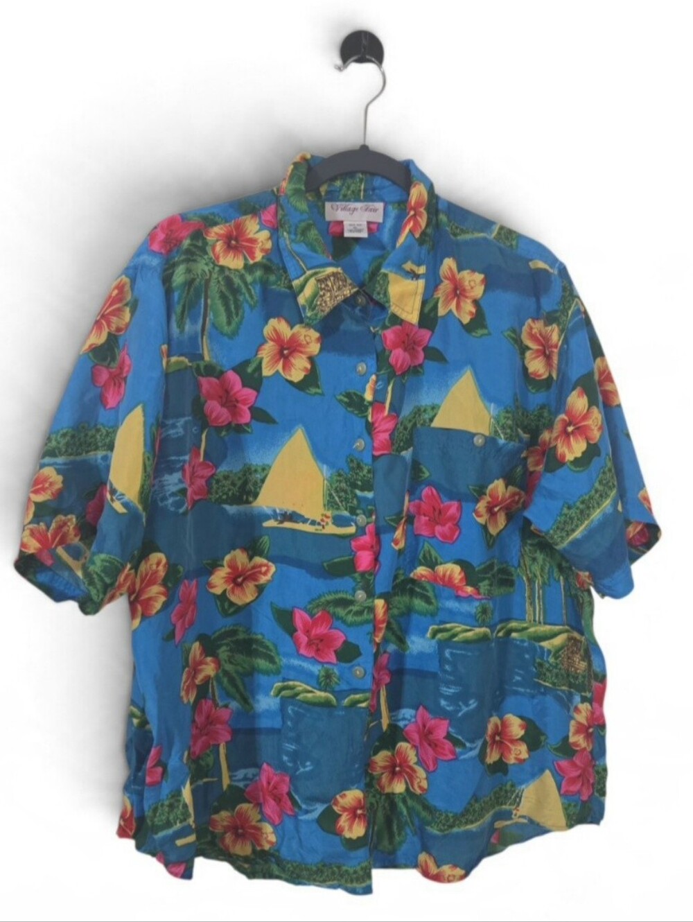 Village Fair Vintage-Style Blue Hawaiian Floral Ladies Shirt 100% Silk Sz XL